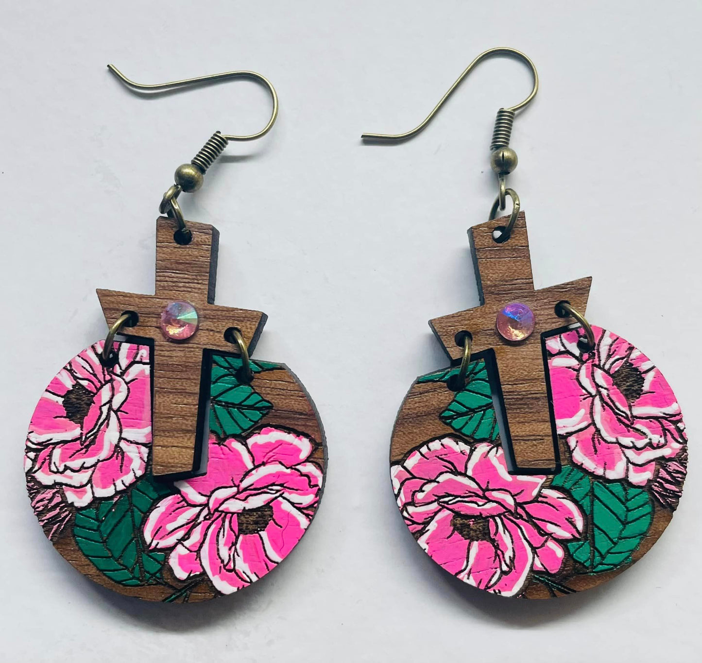 Cross and Peonies Hand Painted Earrings