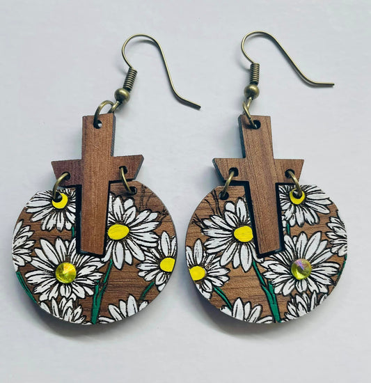 Cross and Daisies Hand Painted Earrings