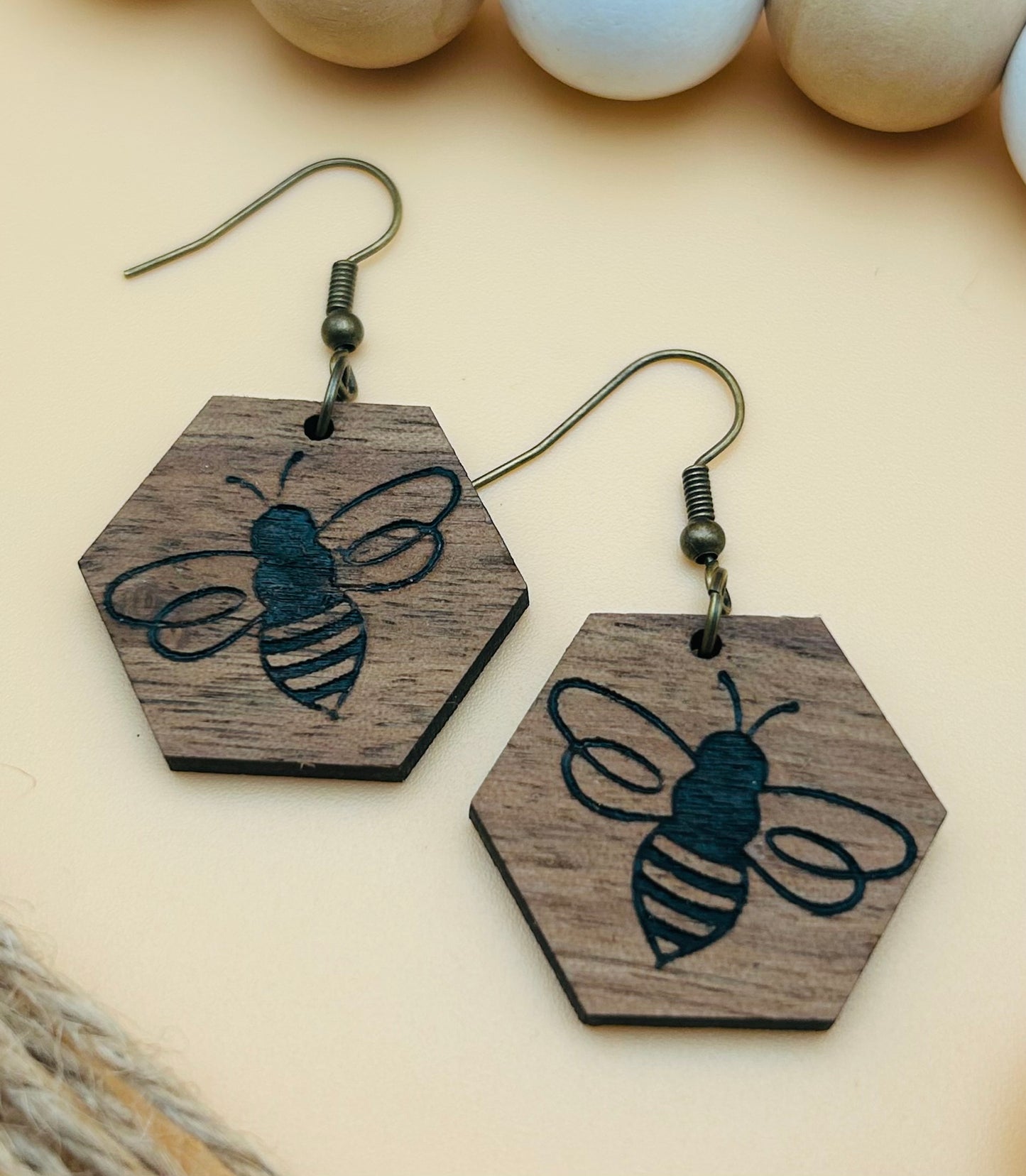 Walnut Engraved Honey Bee Earrings