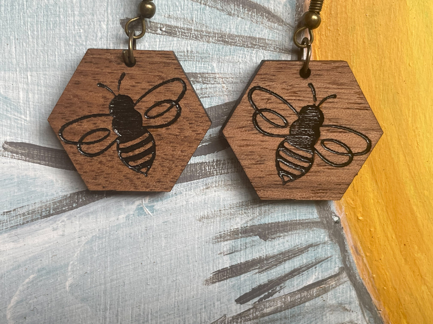 Walnut Engraved Honey Bee Earrings