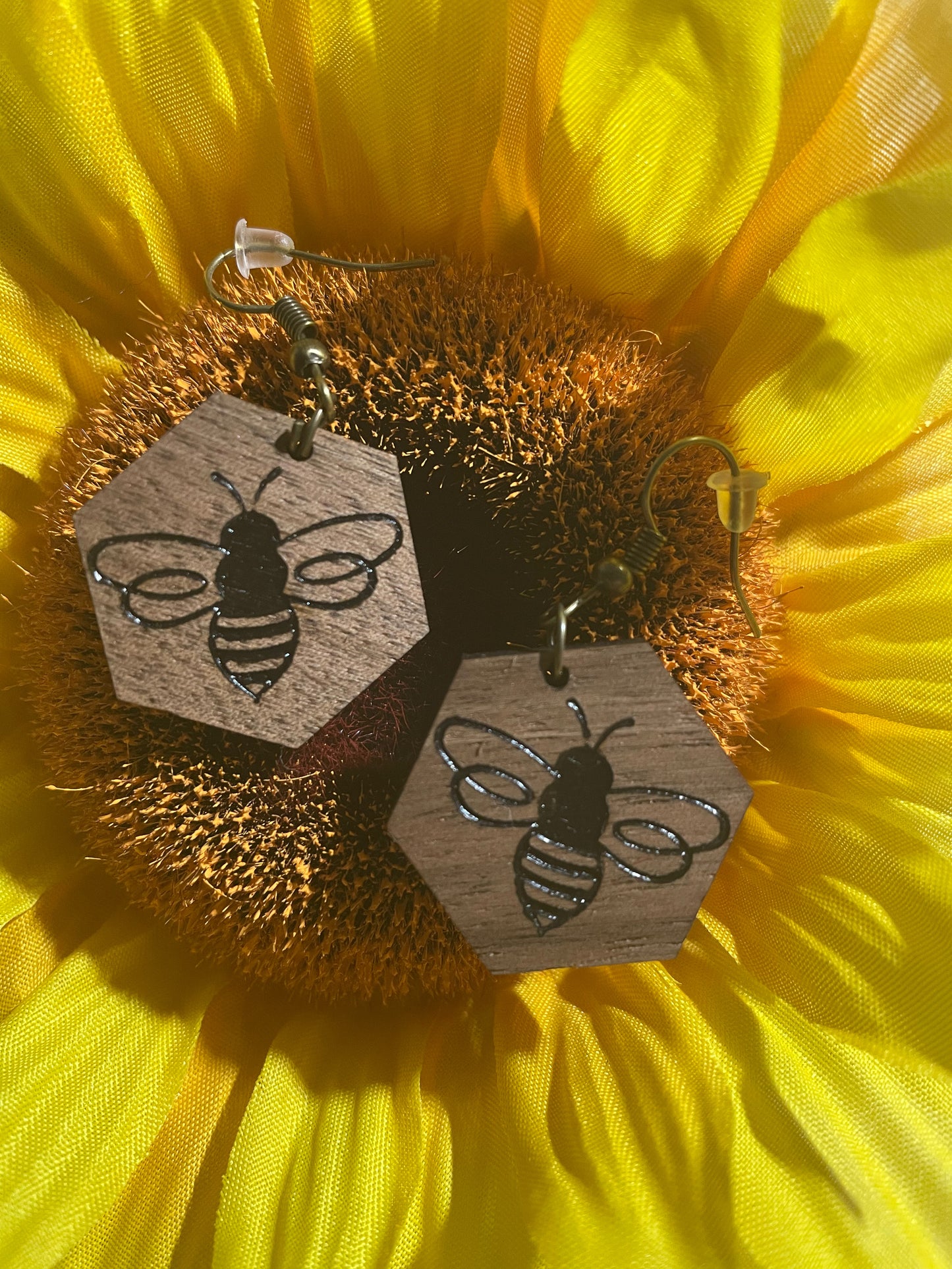 Walnut Engraved Honey Bee Earrings