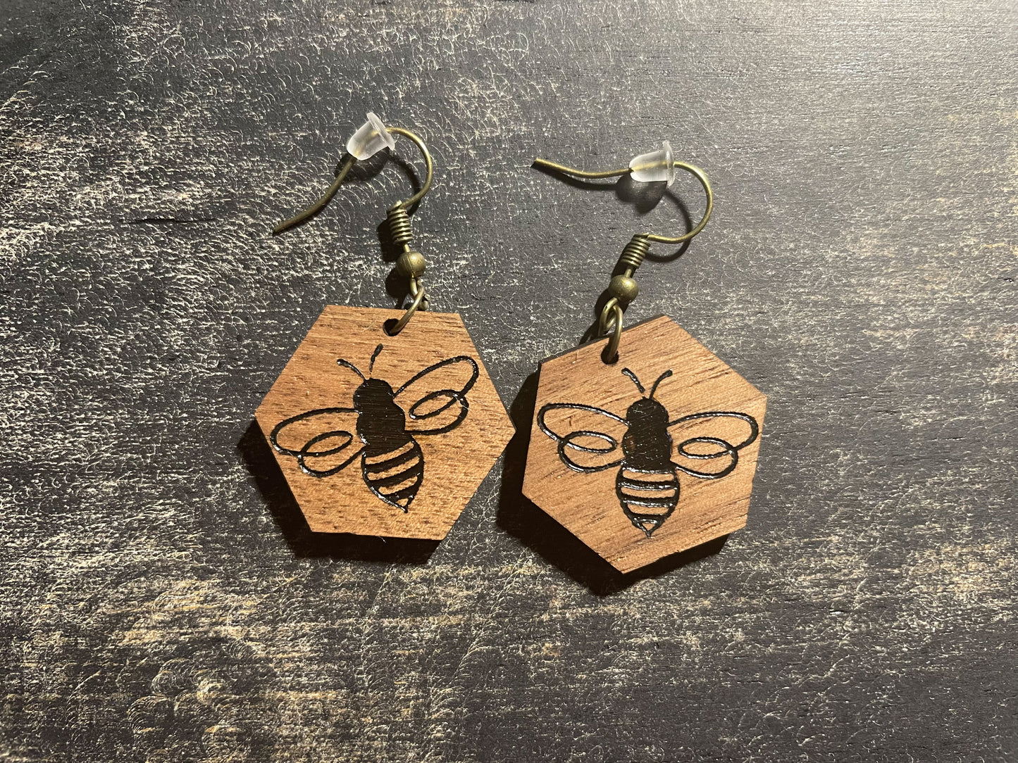 Walnut Engraved Honey Bee Earrings